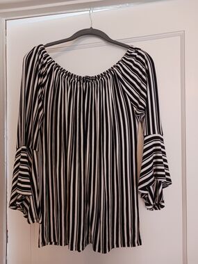 Cable & Gauge Black and White Striped Off-Shoulder Bell Sleeve Top